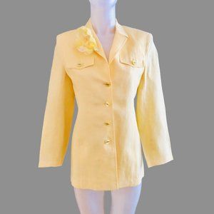 ESCADA 34 VTG. Yellow 100% Linen Jacket Blazer w Chiffon Rose